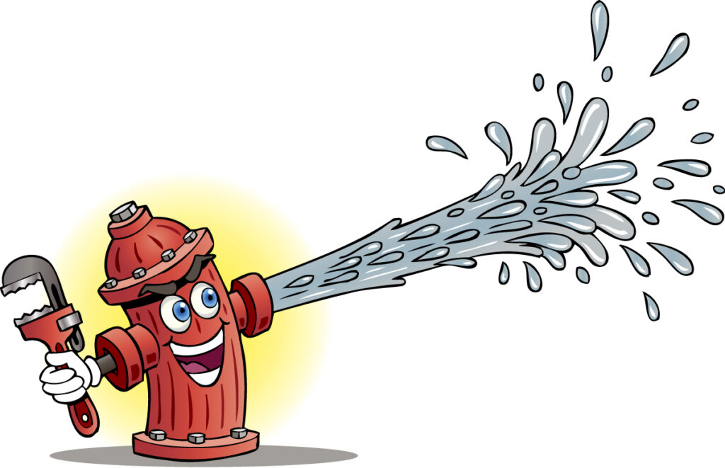 Cartoon fire hydrant with a smiling face spraying water from one side while holding a pipe wrench in the other hand.
