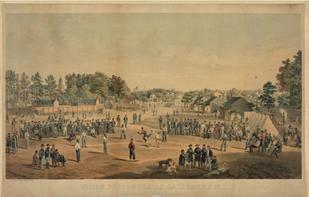 Lithograph titled "Union Prisoners at Salisbury, N.C." drawn by Acting Major Otto Boetticher and published circa 1863. The image shows a wide view of a Confederate prison camp with Union prisoners engaging in daily activities such as playing games, gathering in groups, and interacting near tents and wooden buildings. A wooded backdrop and American flag are visible in the distance.